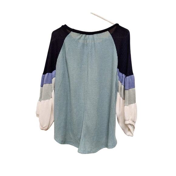 UMGEE Waffle Print Color Block Balloon Long Sleeve Shirt Black Green Blue Medium - Picture 2 of 5